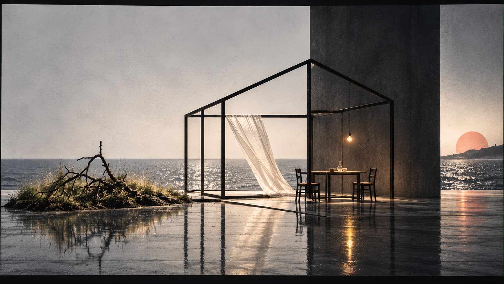 Scenographic concept: an open house structure, pale curtain and a sea horizon