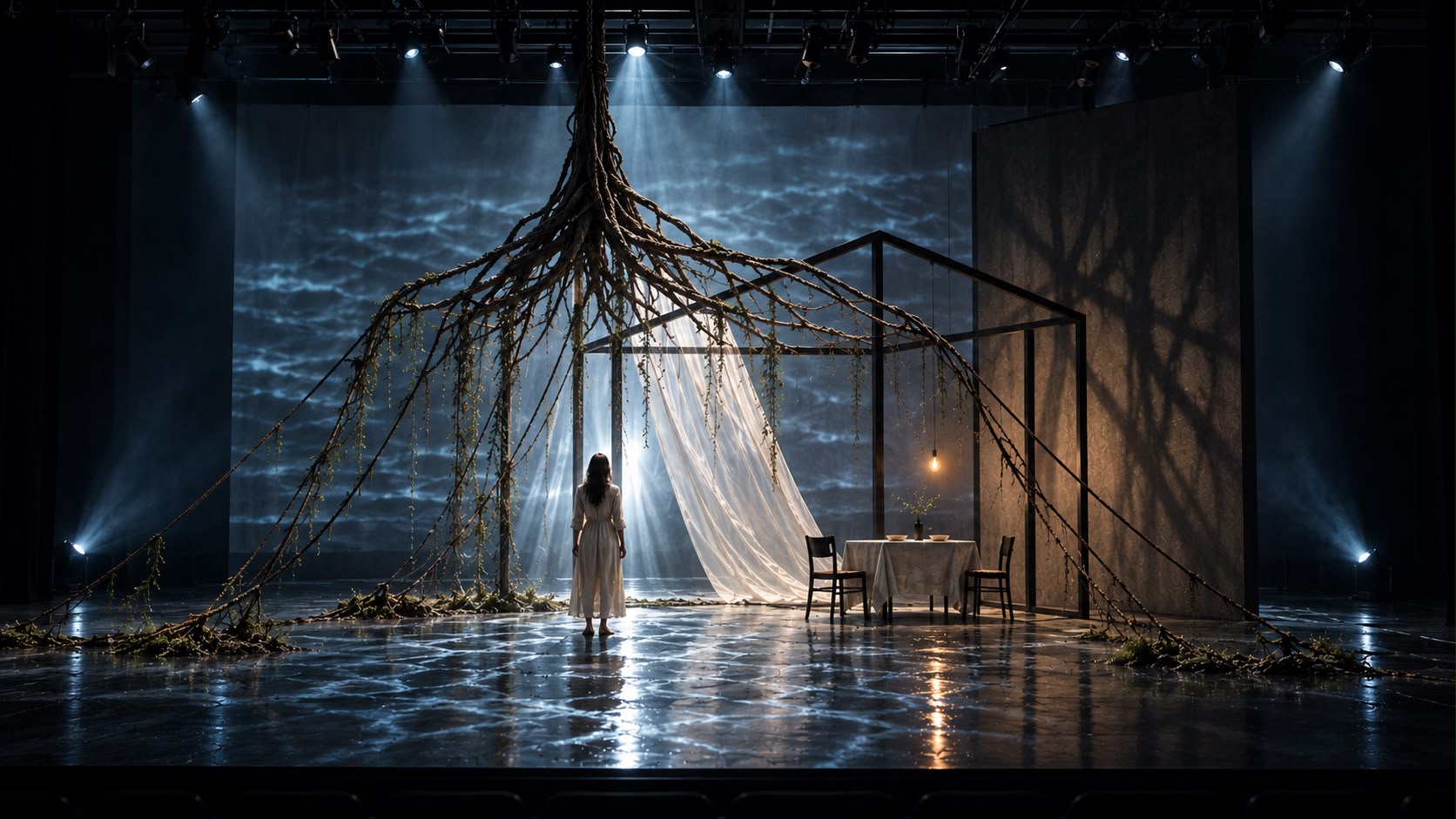 Scenographic concept: suspended roots above an open house structure